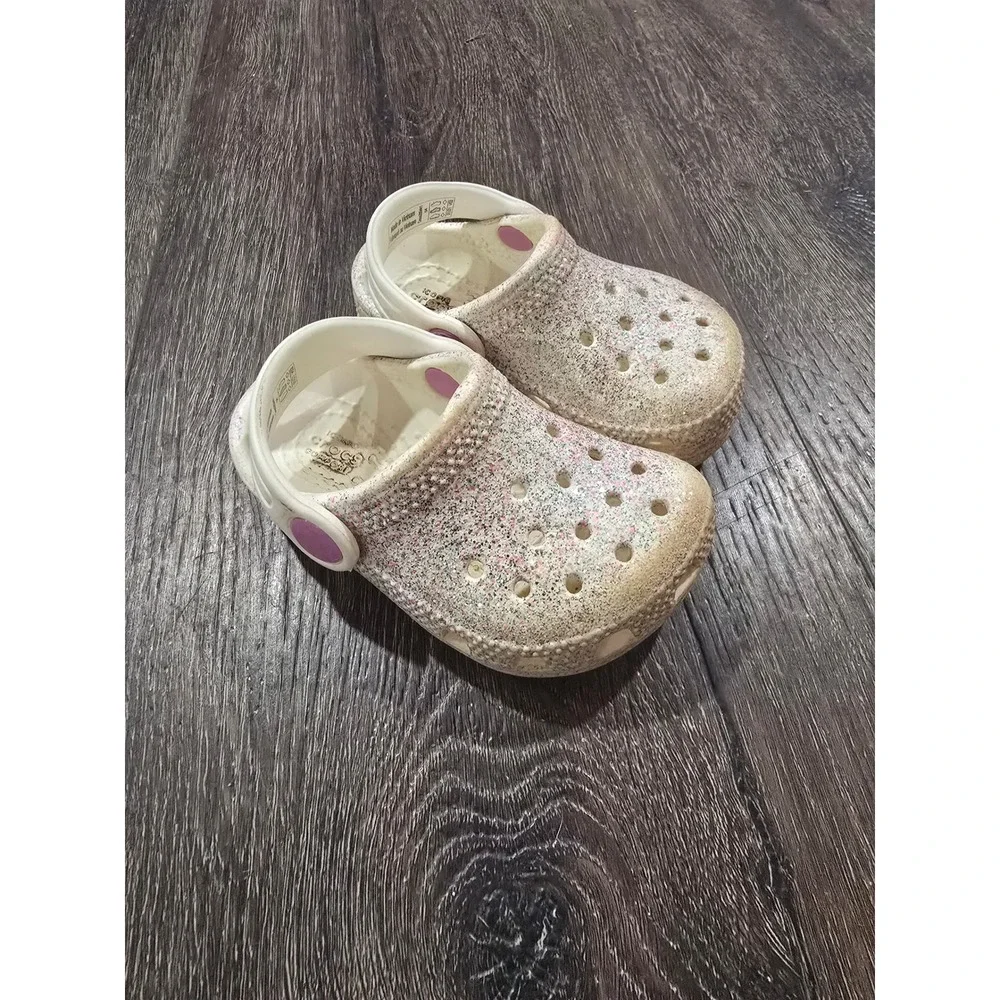 Crocs Classic Glitter Clog Toddler Shoes White Multi Color Sparkle C4